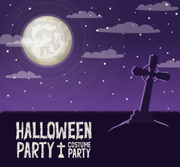 halloween celebration card with cemetery and cross grave scene