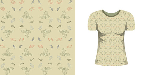 Abstract seamless pattern wiht blue, green, red leaves on grey background and mock up T-shirt with short sleeves with this ormnament. Vector nature texture for fabric, textile, undergarment.