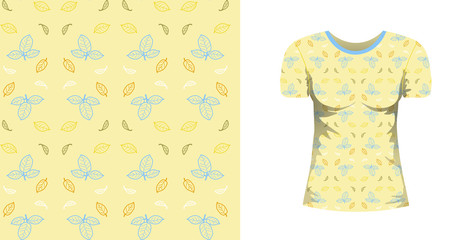 Abstract seamless pattern wiht blue, orange, white leaves on yellow background and mock up T-shirt with short sleeves with this ormnament. Vector nature texture for fabric, textile, undergarment.