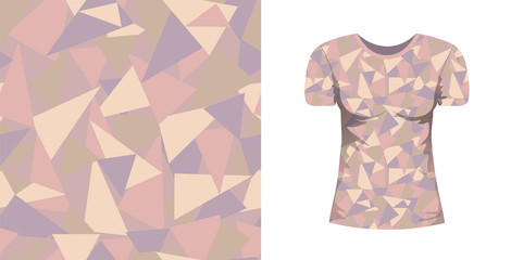 Abstract seamless pattern wiht pink, yellow, violet triangles and mock up T-shirt whith this pattern on white background. Vector texture for fabric, textile, wrapping paper. Ornament.