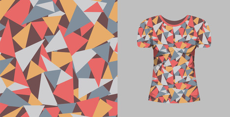 Abstract seamless pattern wiht red, yellow, grey, brown triangles and mock up T-shirt with short sleeve whith this ornament isolated. Vector texture for fabric, textile, wrapping paper.
