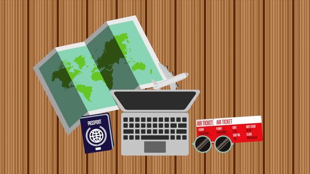 laptop computer and travel items animation
