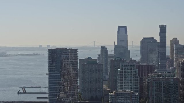 Jersey City New Jersey Aerial v11 Hazy overcast Jersey City panning cityscape with Hudson River view - October 2017