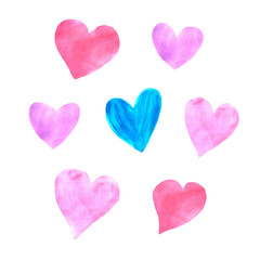 Fototapeta premium Set of pink red and blue watercolor hearts. Perfect for creating romantic postcards and Valentines Day decor. Hand drawn. Isolated on white background