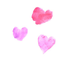 Set of pink red and blue watercolor hearts. Perfect for creating romantic postcards and Valentines Day decor. Hand drawn. Isolated on white background