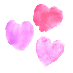 Set of pink red and blue watercolor hearts. Perfect for creating romantic postcards and Valentines Day decor. Hand drawn. Isolated on white background