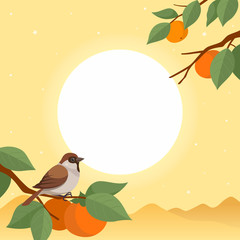 Sparrow and persimmon tree. Full moon landscape at autumn night.