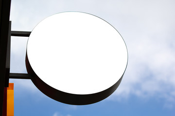 Shop signboard mock up. Street store exterior circle sign against sky background