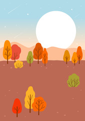Autumn forest with full moon.Autumn background.