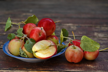 red yellow apples with green foliage and slice of apple in blue saucer and scattered around it on old wooden plank surface