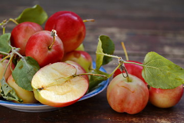 Red yellow apples with green foliage and slice of apple in blue saucer and scattered around it on old wooden plank surface. Close up