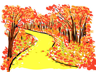 paysage abstrait automne bois feuilles mortes chemin coloré, dessin aplat couleurs - 286787251