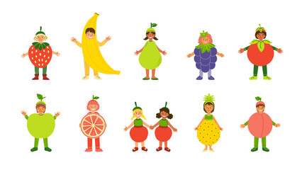 Children in fruits costumes characters set