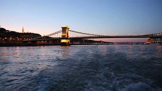 Budapest, Hungary - August 14, 2019: View of the Secheni Chain Bridge in Budapest from a pleasure boat