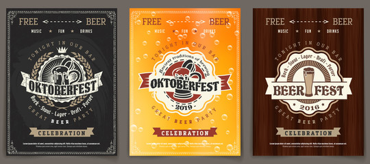 Vector Oktoberfest beer festival celebration template set of retro poster or invitation flyer on vintage background	