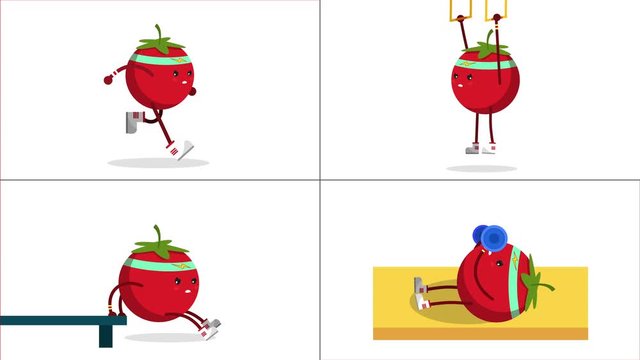 Tomato character doing exercises. Tomato character running cycle isolated in white background. Cute tomato doing reverse push up. tomato pumping up. kawaii tomato character doing bench press workout