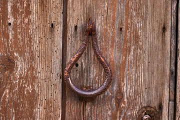 Rusty knocker on wooden door