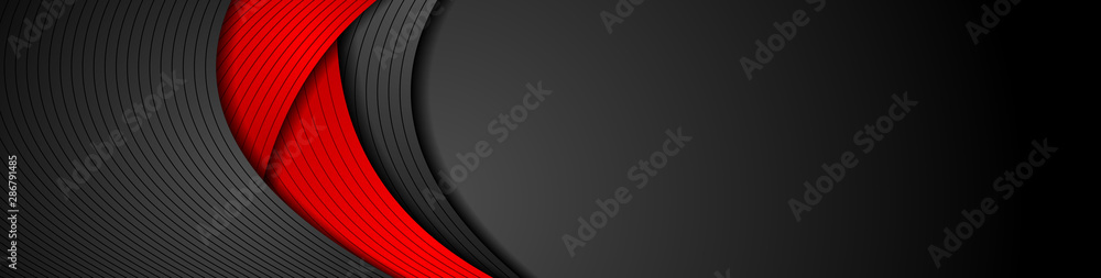 Wall mural contrast red and black waves with thin lines pattern. abstract corporate wavy banner design. vector 