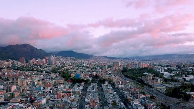 Aerial view of Bogota, Colombia. Drone footage of roads and buildings in this big city in South America 