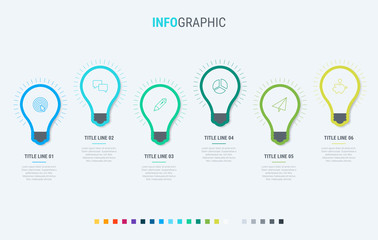 Vector infographics timeline design template with light bulbs elements. Content, schedule, timeline, diagram, workflow, business, infographic, flowchart. 6 options infographic.
