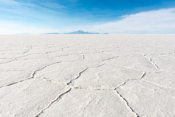 Hexagon salt formations in the Uyuni Salt Flat (Salar de Uyuni) during daytime, Bolivia, South America.