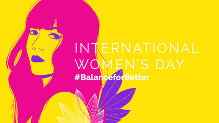 International women's day banner, girl with long hair decorated with leaves on yellow background
