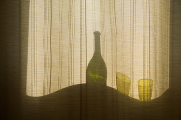 Collage on the theme of alcoholism, the curvature of space. Silhouettes of bottles and glasses...