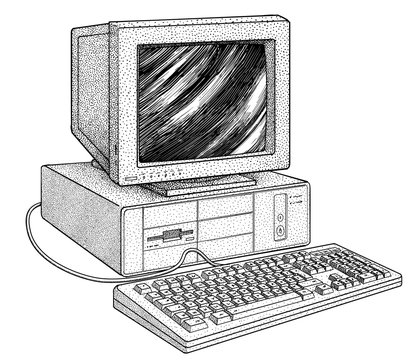 Vintage computer illustration, drawing, engraving, ink, line art, vector