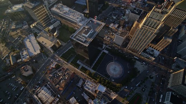 Newark New Jersey Aerial v29 Birdseye to rotating vertical of downtown sunrise cityscape near Military Park - October 2017