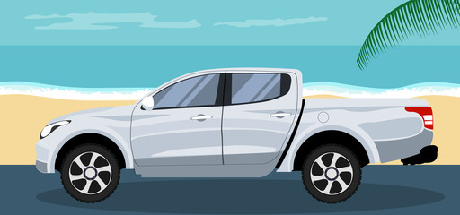 Background of a pickup truck parked on the beach in summer