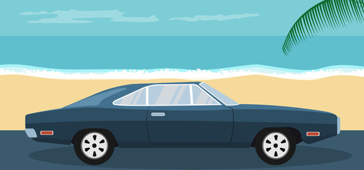 Background of a blue classic car parked on the beach in summer