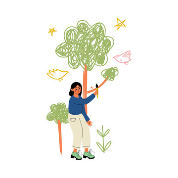 Cute Girl Painting Trees on Wall with Color Paints and Brush Vector Illustration