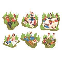 People Having Picnic In Park, Happy Young Men And Women Sitting on Plaid, Eating, Talking and Relaxing Vector Illustration