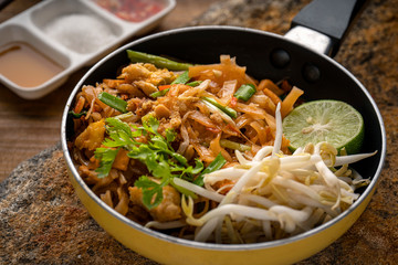 Pad Thai , Thai style noodles , Pad Thai on the table, top view, copy space