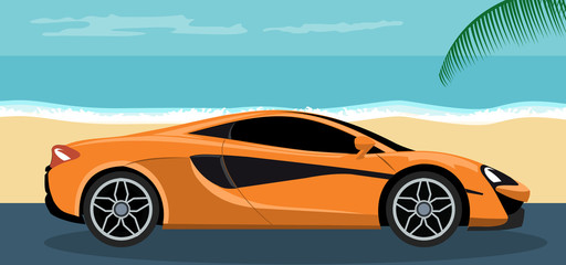 Background of a luxury sports car on the beach in summer