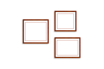Three photo frames set, realistic wooden frameworks isolated on white wall