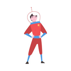 Young Man in Space Suit Festival Costume, Masquerade Ball, Person Taking Part at Carnival Party or Holiday Celebration Vector Illustration