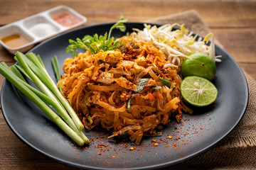 Pad Thai , Thai style noodles , Pad Thai on the table, top view, copy space