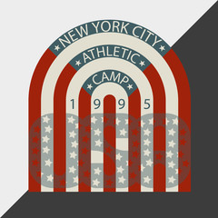 T-shirt graphics, typography. New York City. Athletic camp. The Flag of USA. Vector.