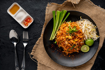 Pad Thai , Thai style noodles , Pad Thai on the table, top view, copy space