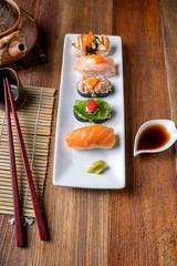 Fototapeta na wymiar Sushi , Japanese Sushi , Soy sauce and wasabi