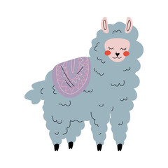 Cute Llama, Adorable Alpaca Animal Character in Pastel Blue Color, Side View Vector Illustration