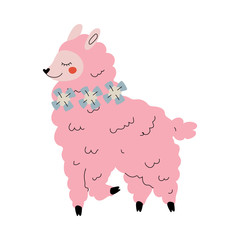 Cute Llama, Adorable Pink Alpaca Animal Character Side View Vector Illustration