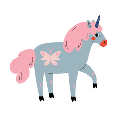 Cute Uncorn, Adorable Fantasy Animal Character in Pastel Colors, Side View Vector Illustration