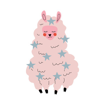 Cute Llama, Adorable White Alpaca Animal Character with Stars, Front View Vector Illustration