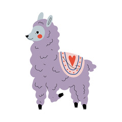 Cute Llama, Adorable Lilac Alpaca Animal Character Side View Vector Illustration