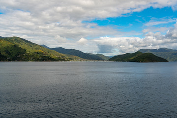 Sailing across the Cooks Strait in New Zealand on a summers day