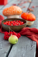Apple on the old wooden background with pumpkins, rowanberry, red fabric, leaves and bowl with rosehip. Autumn arrangement of fall harvest. Selective focus, vertical.