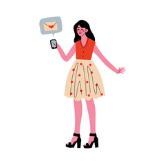 Online Dating, Girl Using Mobile Application for Dating or Searching for Romantic Partner, Girl Sending Message to Her Boyfriend Vector Illustration