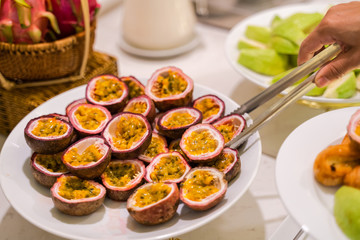 Fresh fruits on buffet table in restaurant
